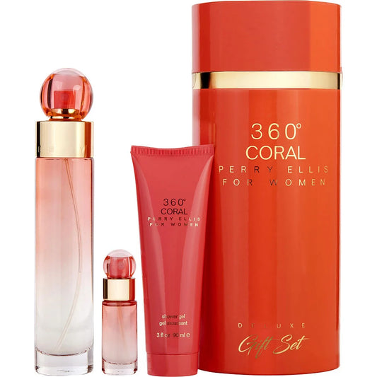 Perry Ellis Gift Set Deluxe 360 Coral 3pc 3.4 Edp L